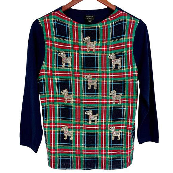 Talbots Medium 100% MERINO WOOL Rhinestone Christmas Dogs Poodle Sweater Top - Picture 1 of 7